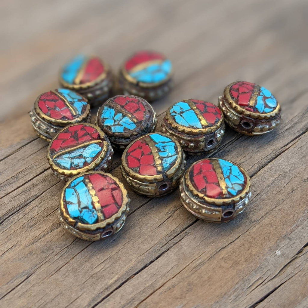 Handcrafted Himalayan Brass Beads: Turquoise Coral Inlay (10 Beads)