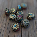Handcrafted Himalayan Brass Beads: Turquoise & Coral Inlay (10 pc)