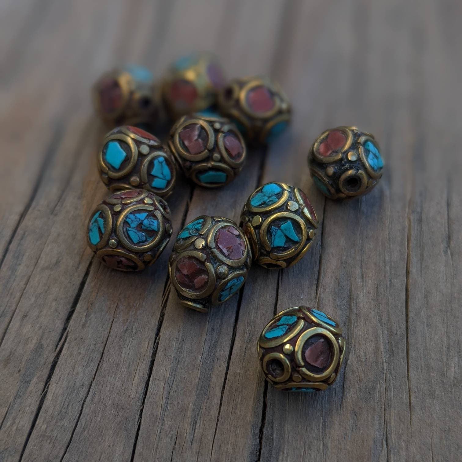 Handcrafted Himalayan Brass Beads: Turquoise & Coral Inlay (10mm, 10pc)