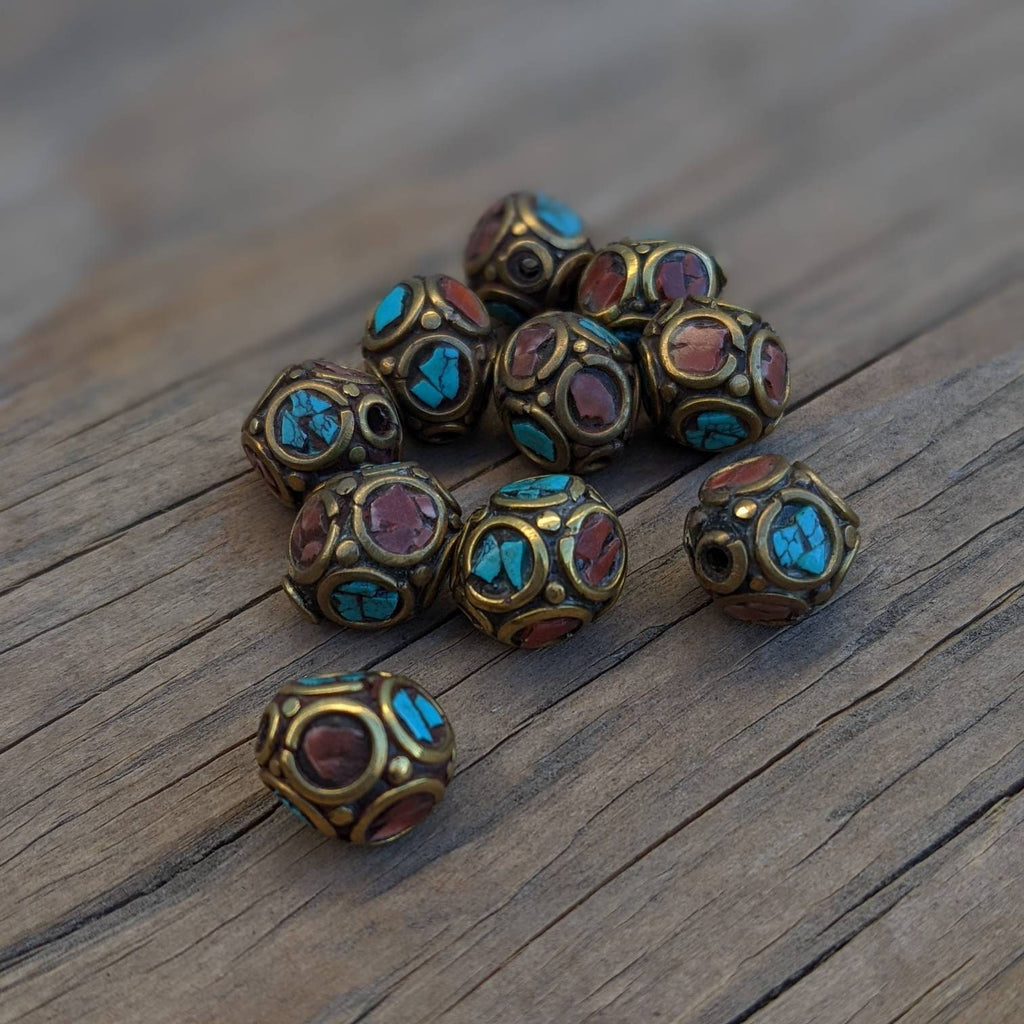 Handcrafted Himalayan Brass Beads: Turquoise & Coral Inlay (10mm, 10pc)