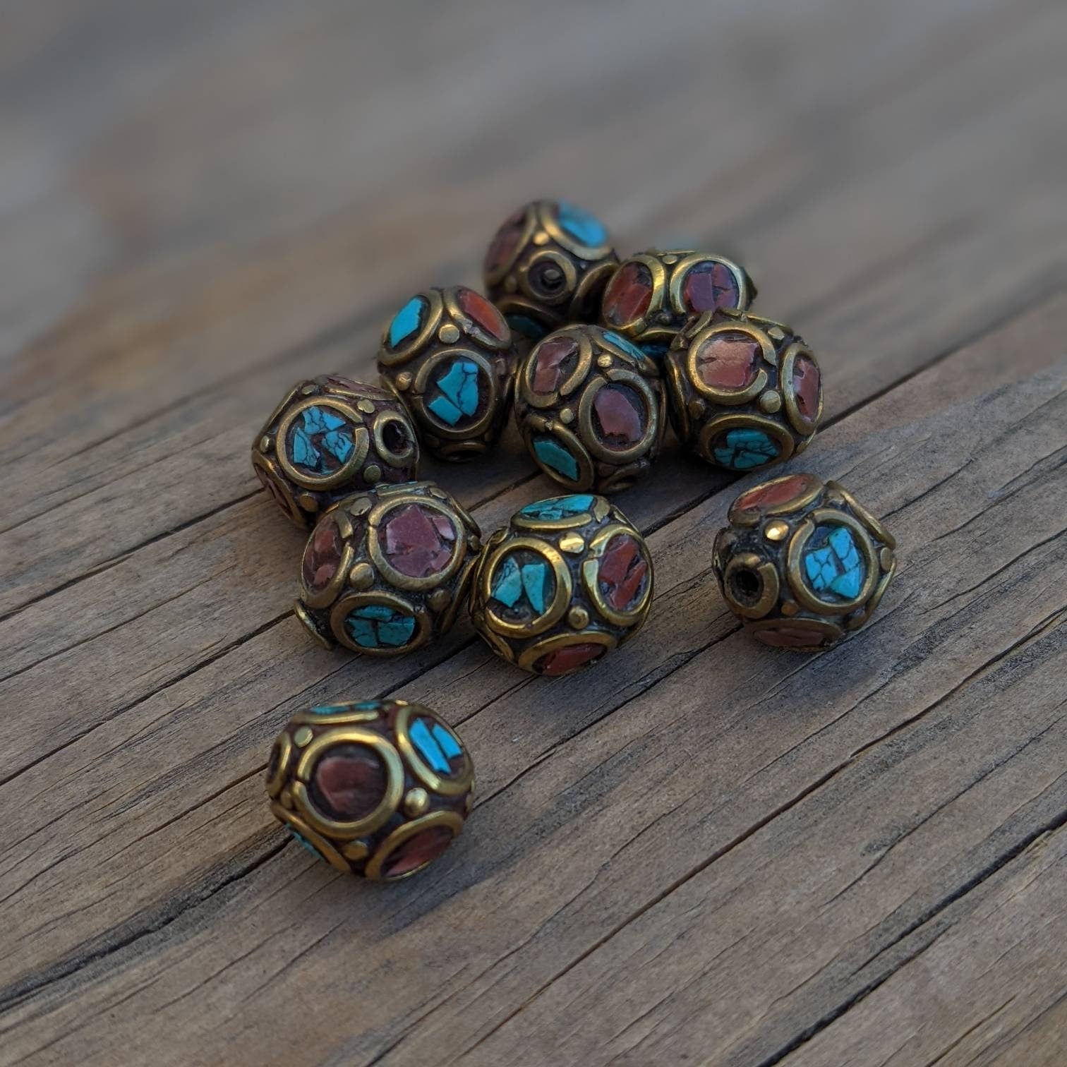 Handcrafted Himalayan Brass Beads: Turquoise & Coral Inlay (10mm, 10pc)