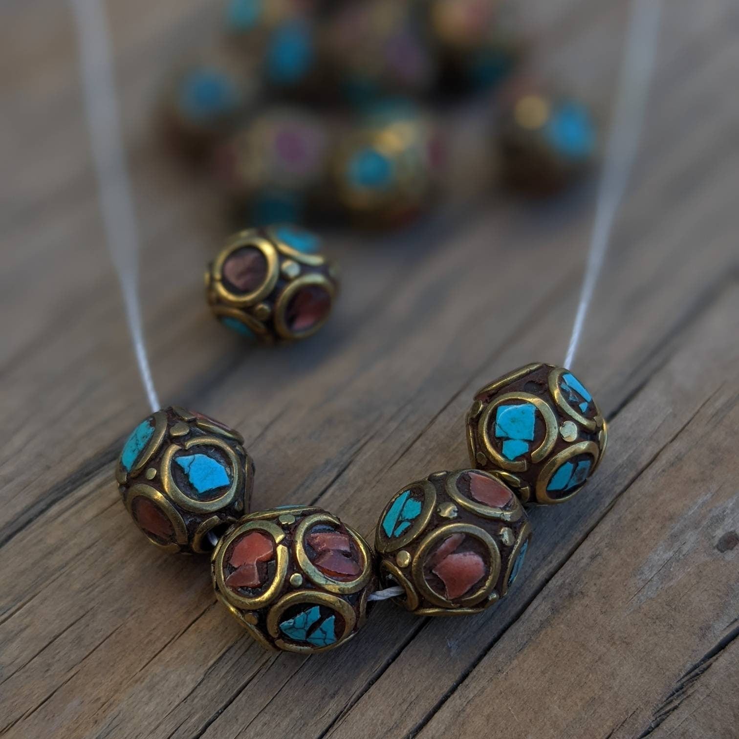 Handcrafted Himalayan Brass Beads: Turquoise & Coral Inlay (10mm, 10pc)