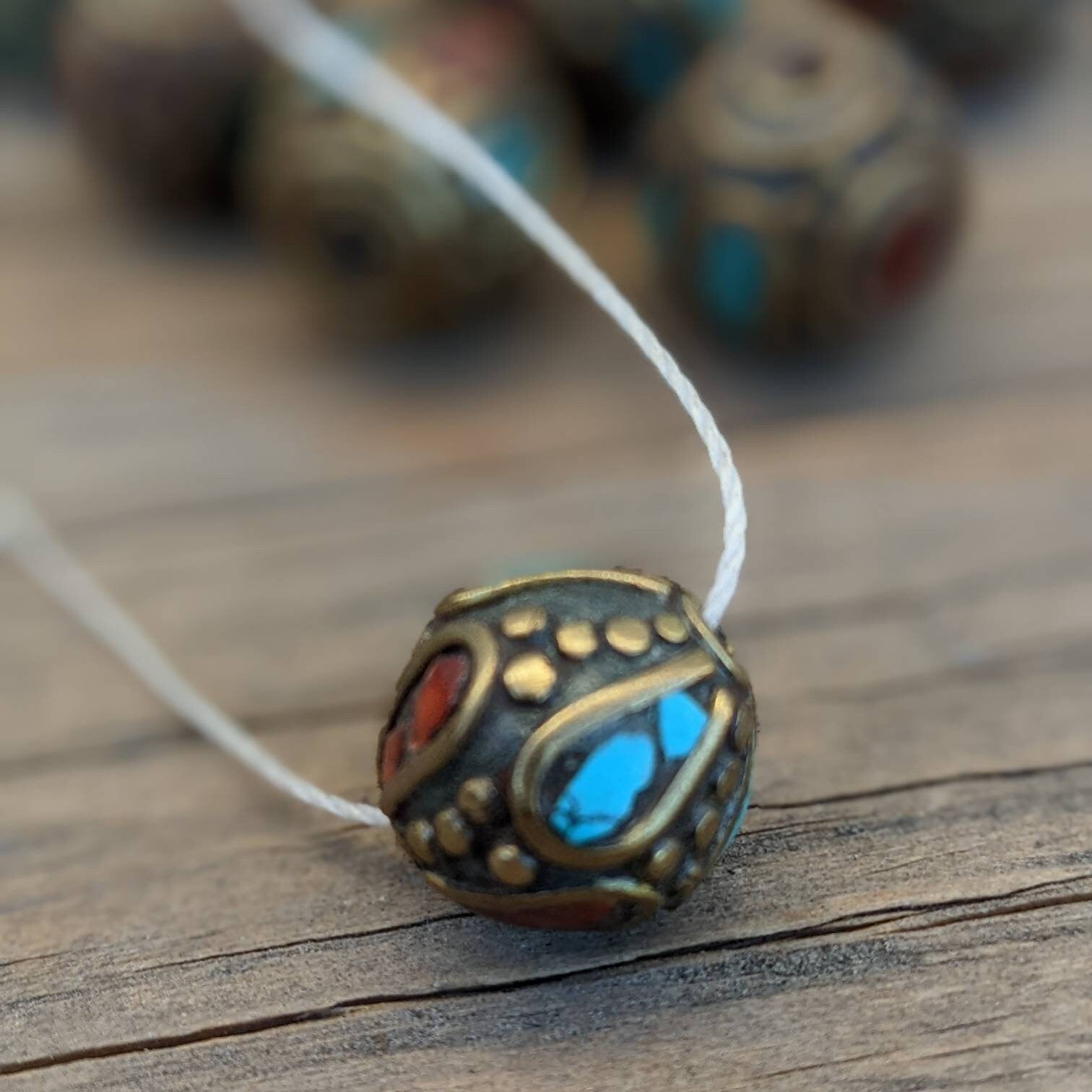Handcrafted Himalayan Brass Beads: Turquoise Coral Inlays, Ethnic Rice Bean Shape (12 Beads)