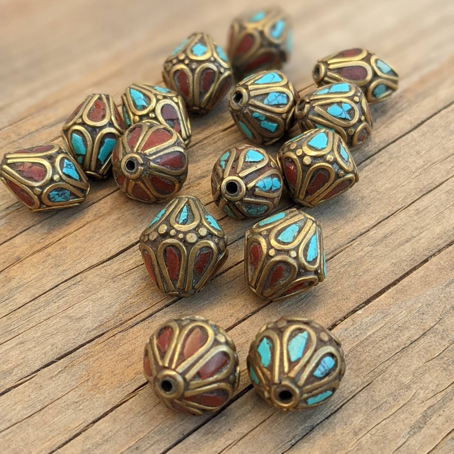 Handcrafted Himalayan Brass Beads: Turquoise Coral Inlays (15mm, 15pc)