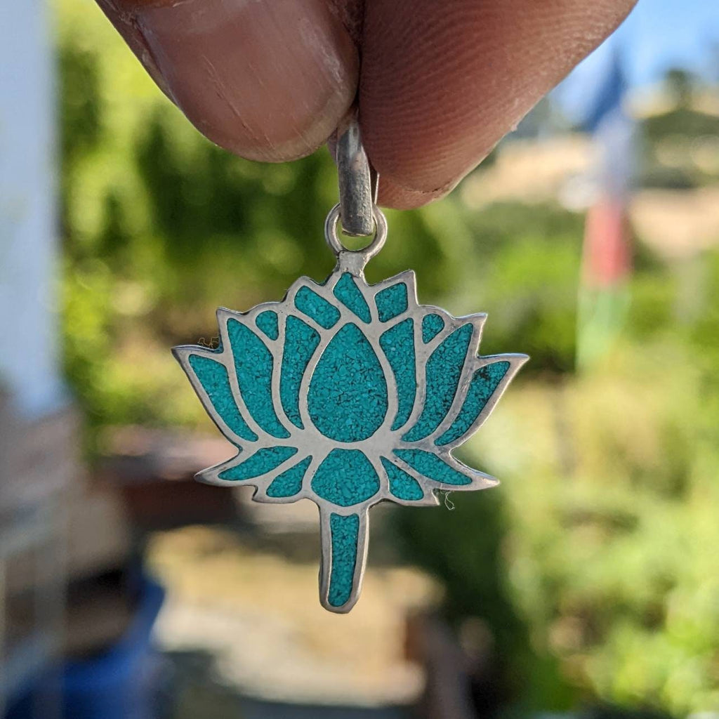 Tibetan Turquoise Lotus Flower Charm: Buddhist Knot Pendant