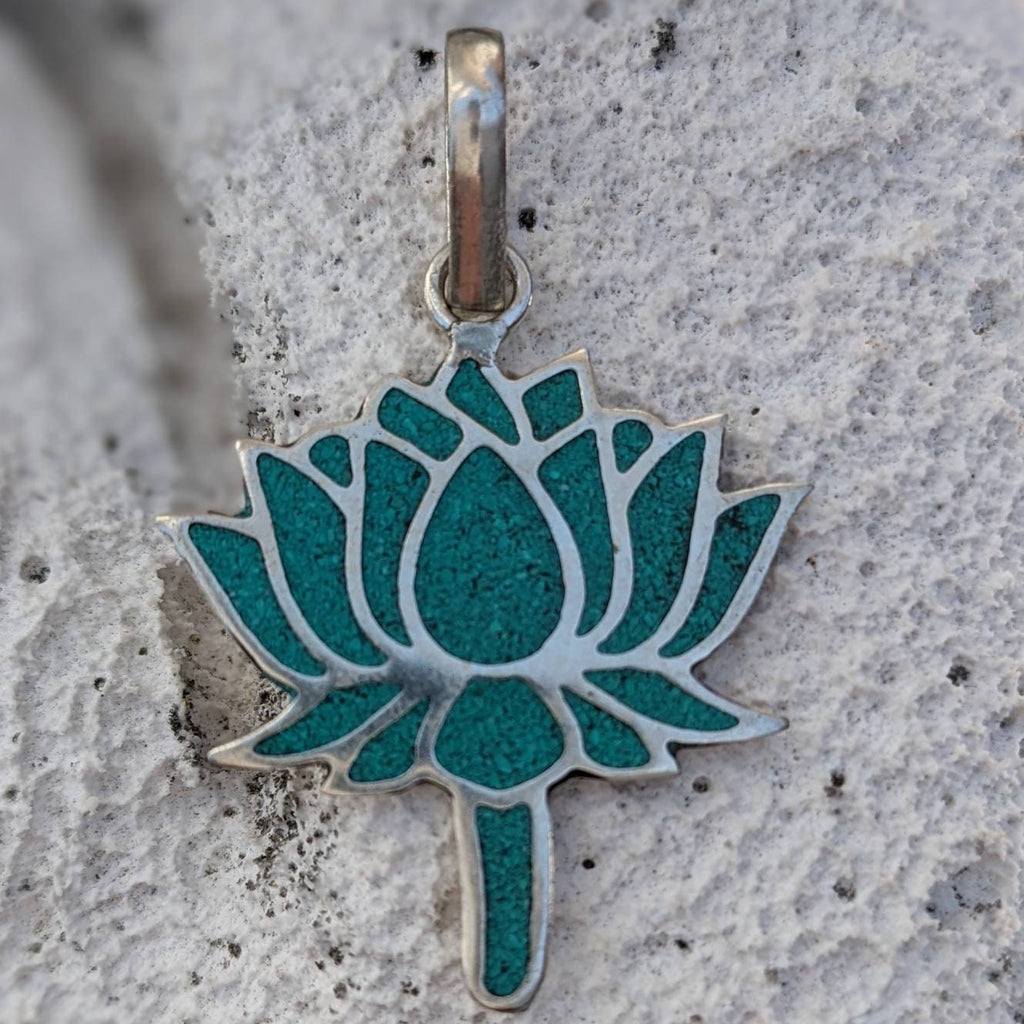 Tibetan Turquoise Lotus Flower Charm: Buddhist Knot Pendant