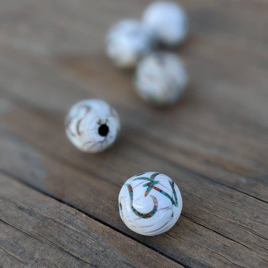 Handmade Conch Shell Om Beads: Himalayan Turquoise Coral Inlay (5pcs 18mm)