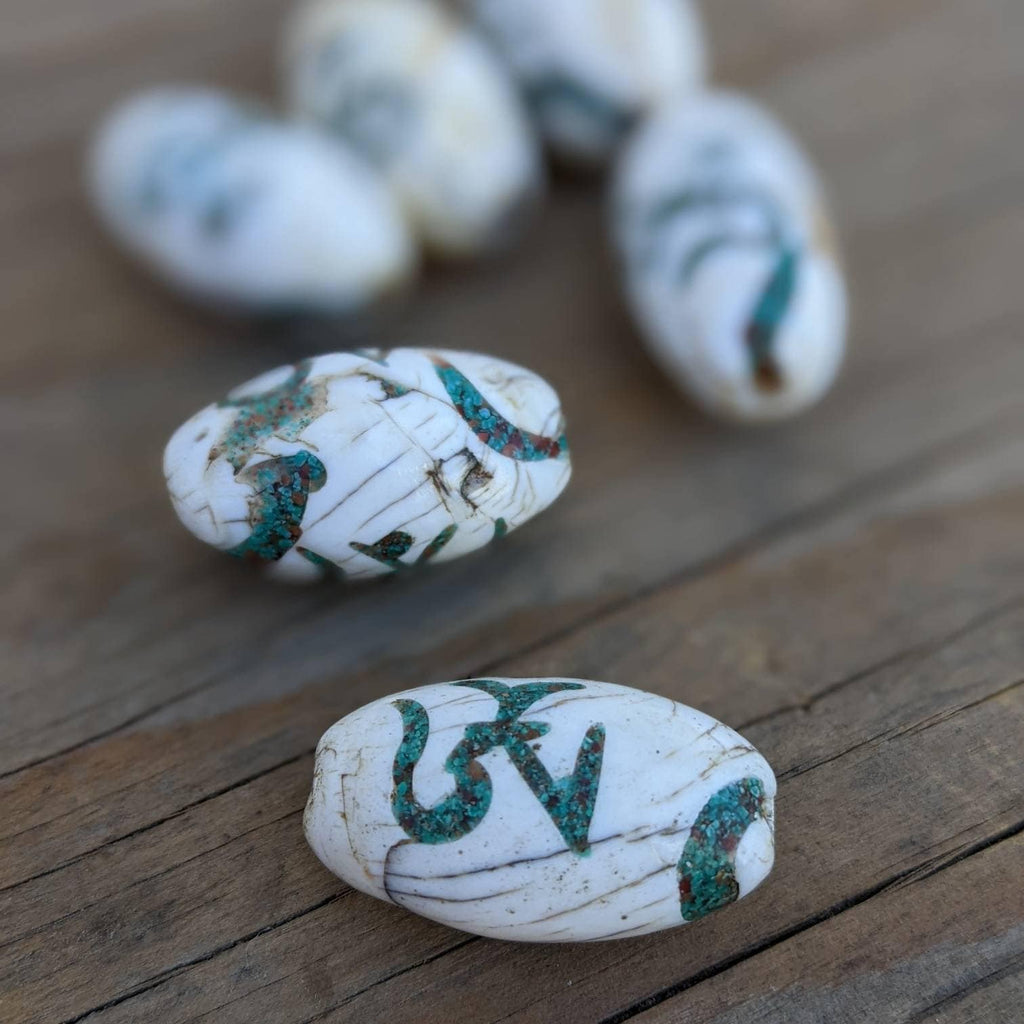 Handmade Conch Shell Om Beads: Turquoise & Coral Inlay (2 pc)