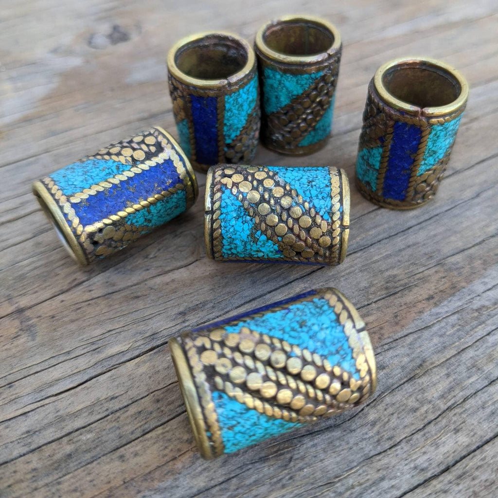 Handmade Brass Inlay Bead: Turquoise, Coral, Lapis - Nepal