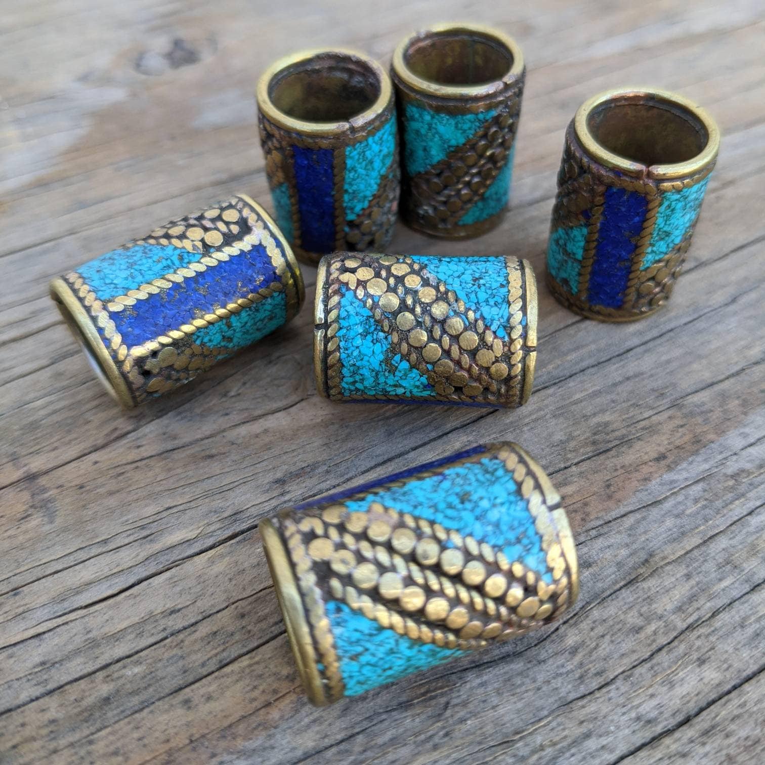 Handmade Brass Inlay Bead: Turquoise, Coral, Lapis - Nepal