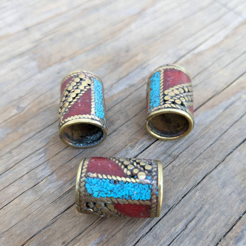Handmade Brass Inlay Bead: Turquoise, Coral, Lapis - Nepal
