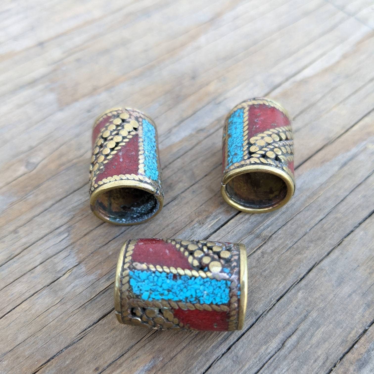 Handmade Brass Inlay Bead: Turquoise, Coral, Lapis - Nepal