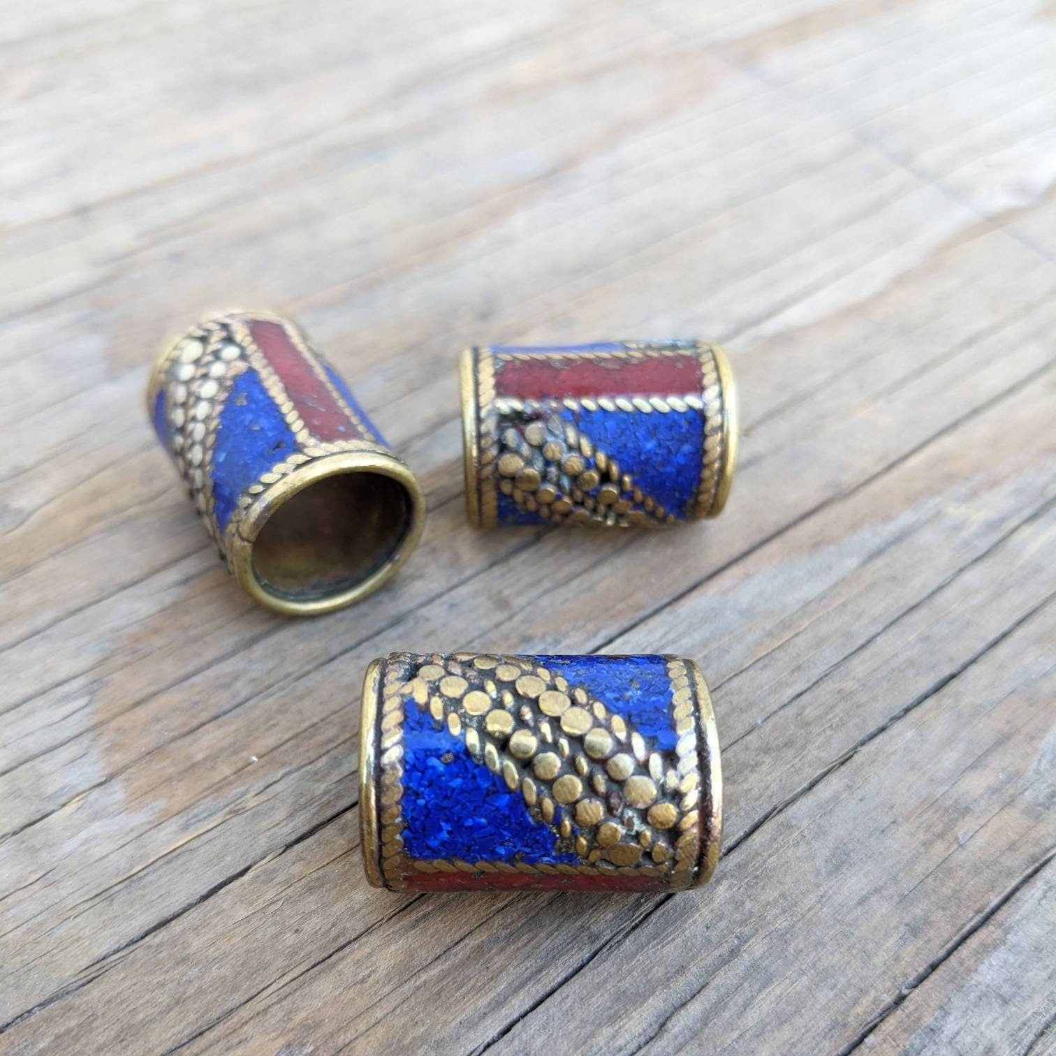 Handmade Brass Inlay Bead: Turquoise, Coral, Lapis - Nepal