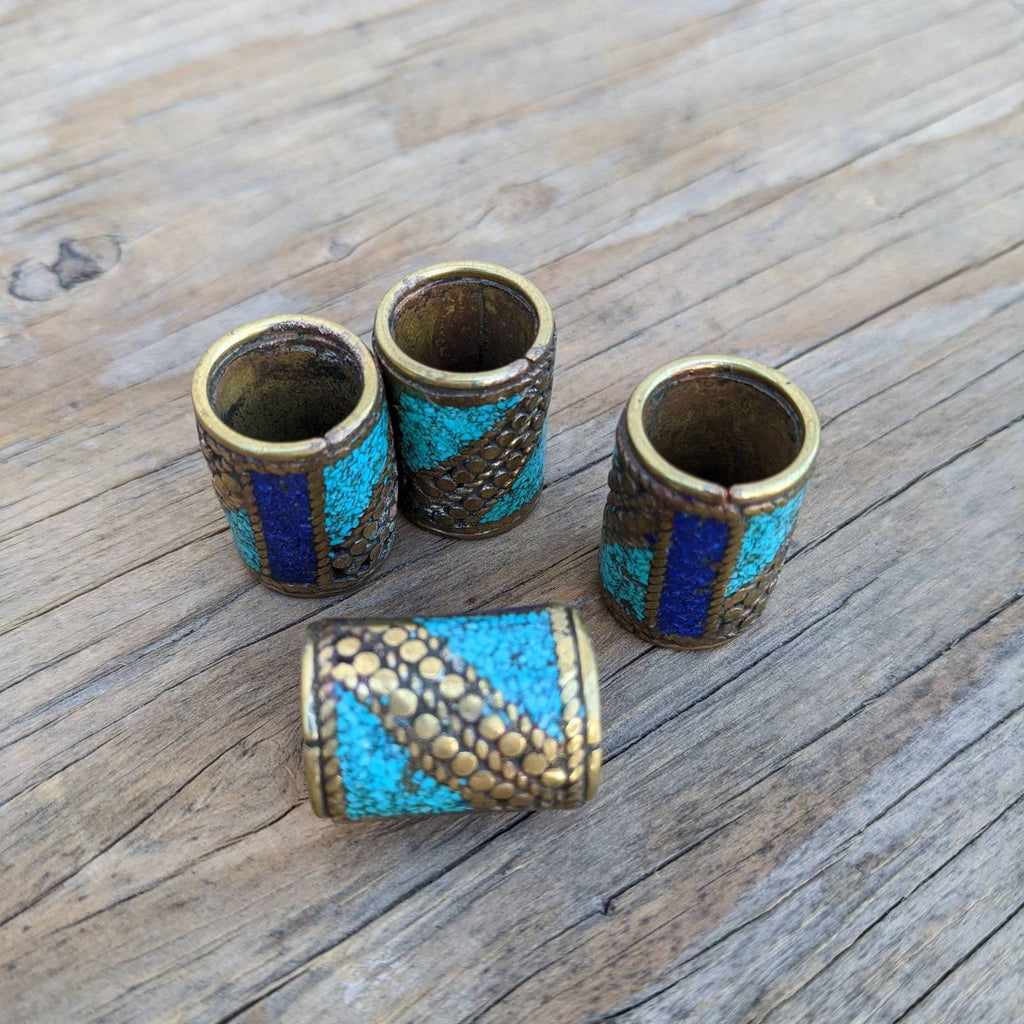 Handmade Brass Inlay Bead: Turquoise, Coral, Lapis - Nepal