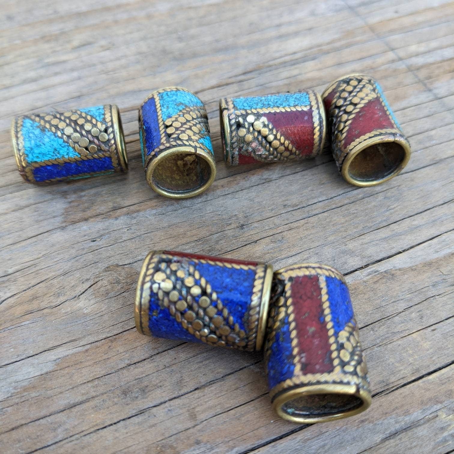 Handmade Brass Inlay Bead: Turquoise, Coral, Lapis - Nepal