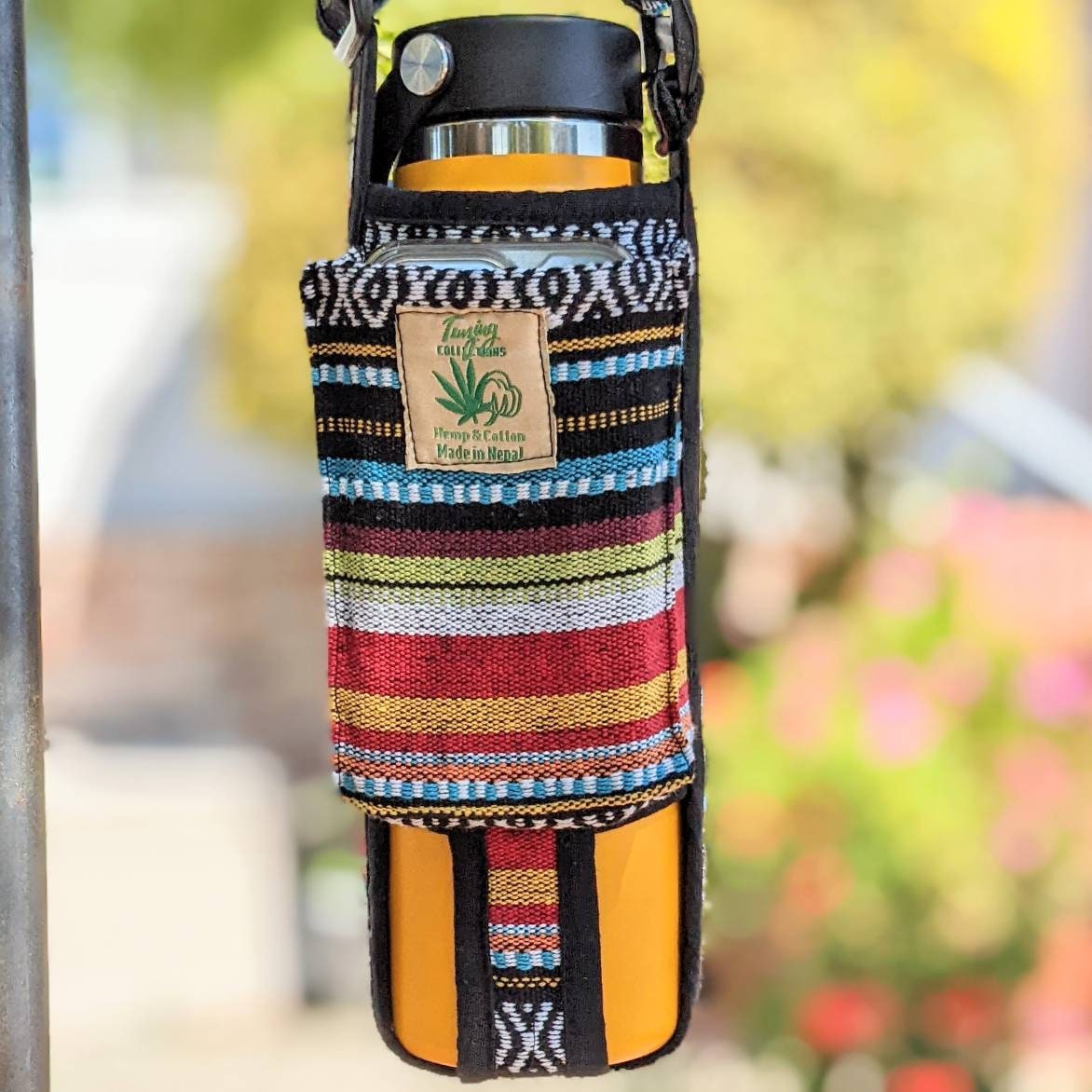 Hemp Water Bottle Holder with Phone Pocket: Fits 40oz Bottles