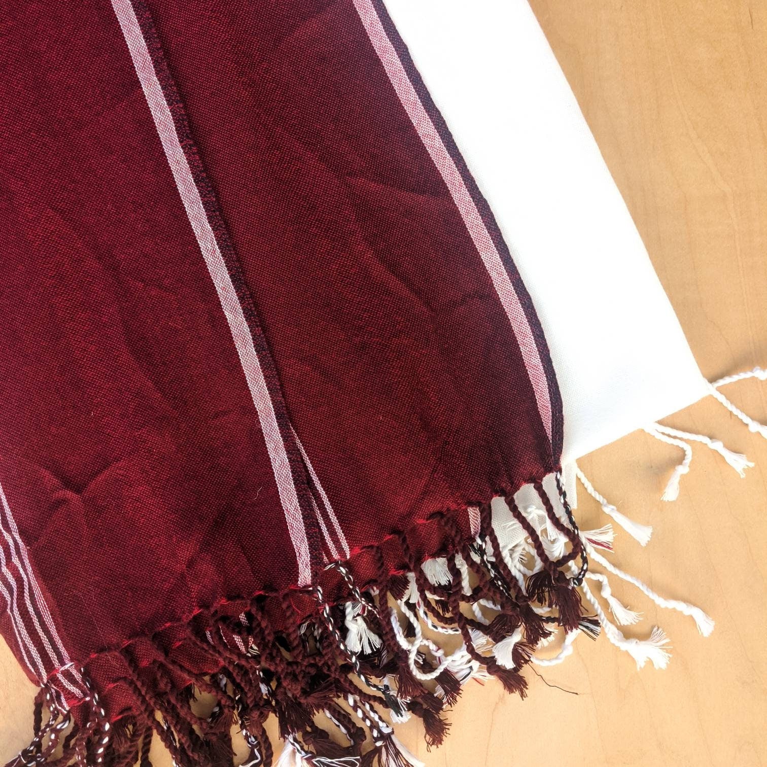 Tibetan Cotton Meditation Shawl: Burgundy & White Striped Zen Wrap