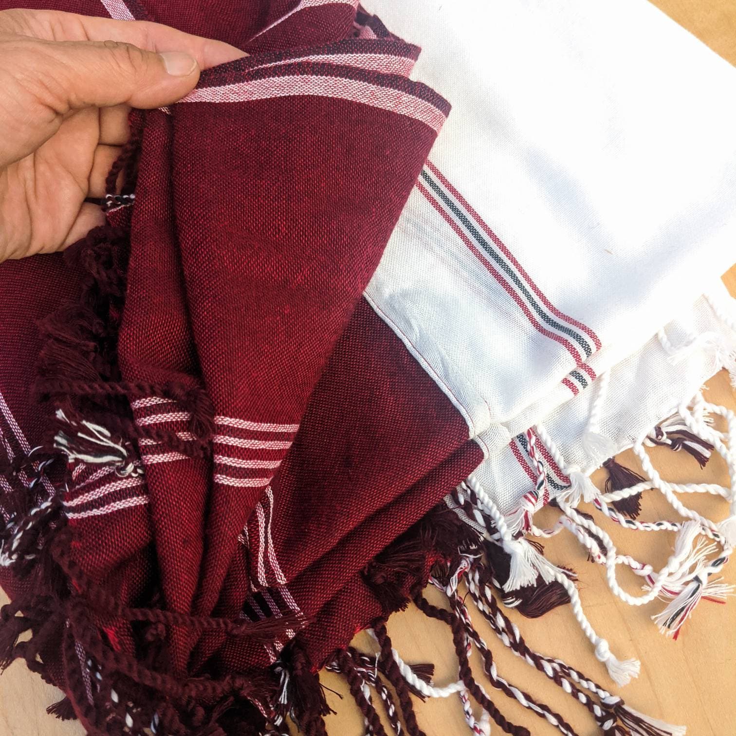 Tibetan Cotton Meditation Shawl: Burgundy & White Striped Zen Wrap
