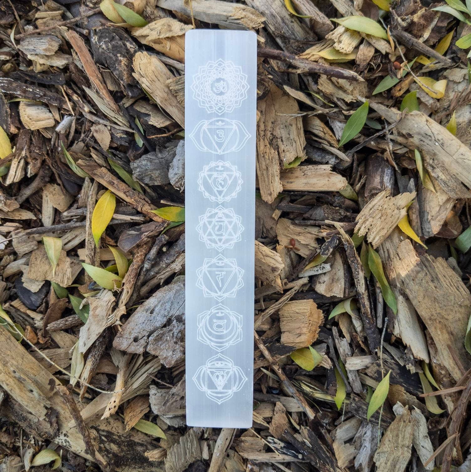 Engraved Chakra Selenite Wand: Moroccan Crystal Healing Ruler (20cm)