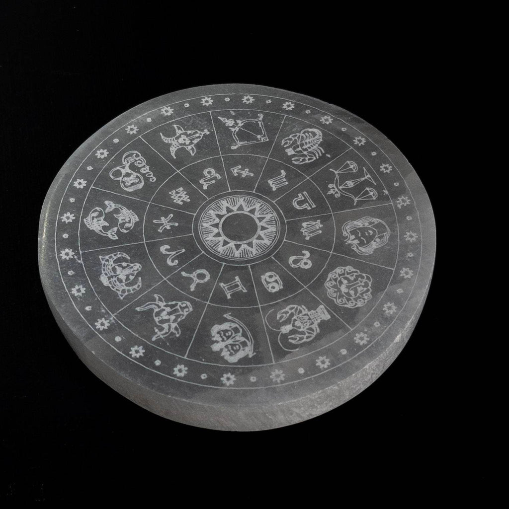 Zodiac Engraved Selenite Plate: Crystal Charging Wand, 10 cm