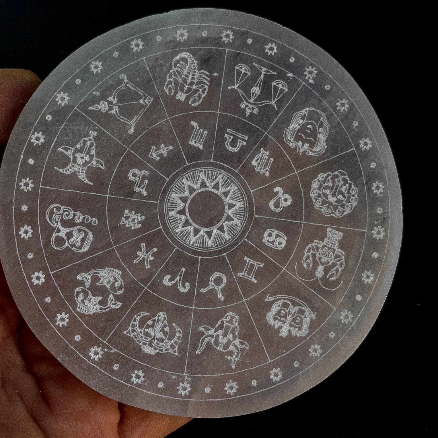 Zodiac Engraved Selenite Plate: Crystal Charging Wand, 10 cm