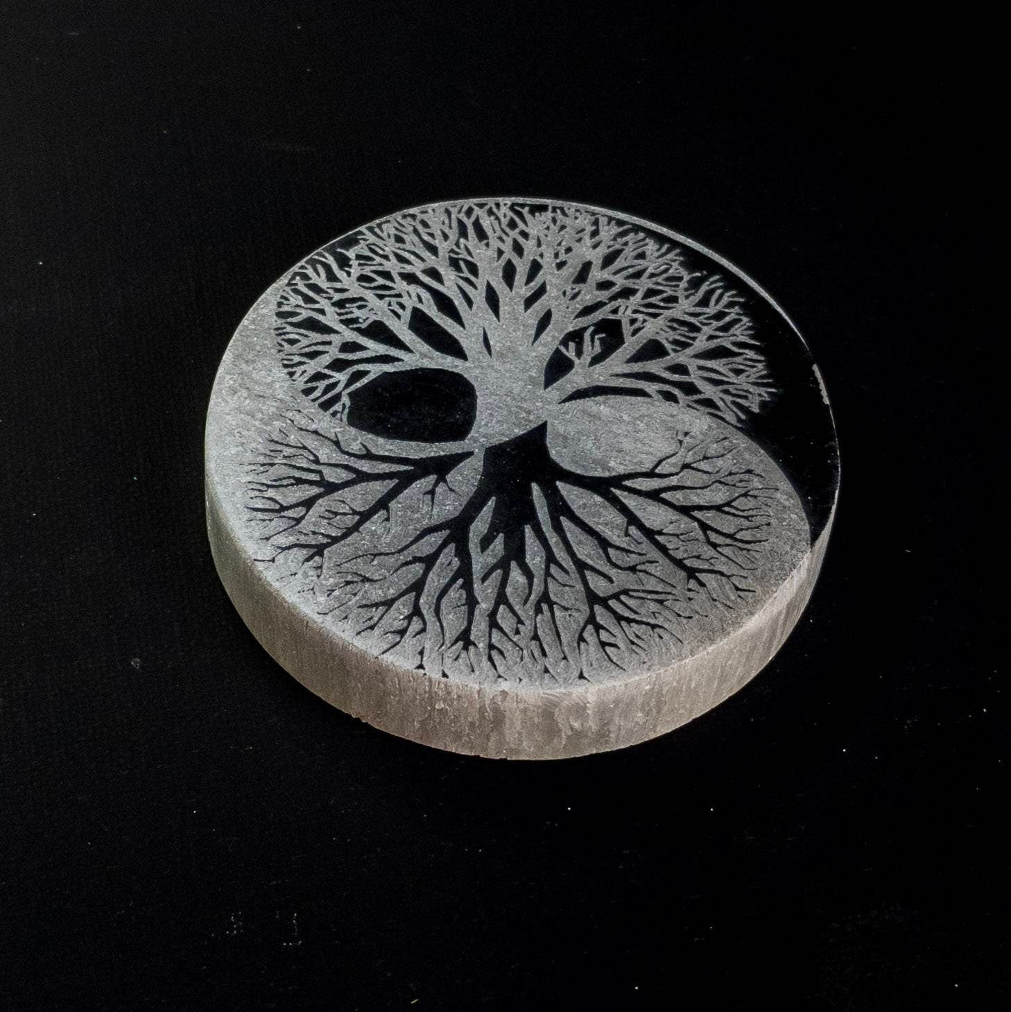 Engraved Selenite Charging Wand: Tree of Life Yin Yang, Moroccan Crystal