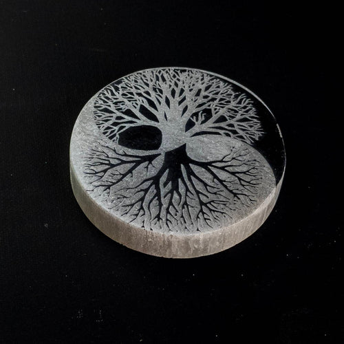 Engraved Selenite Charging Wand: Tree of Life Yin Yang, Moroccan Crystal