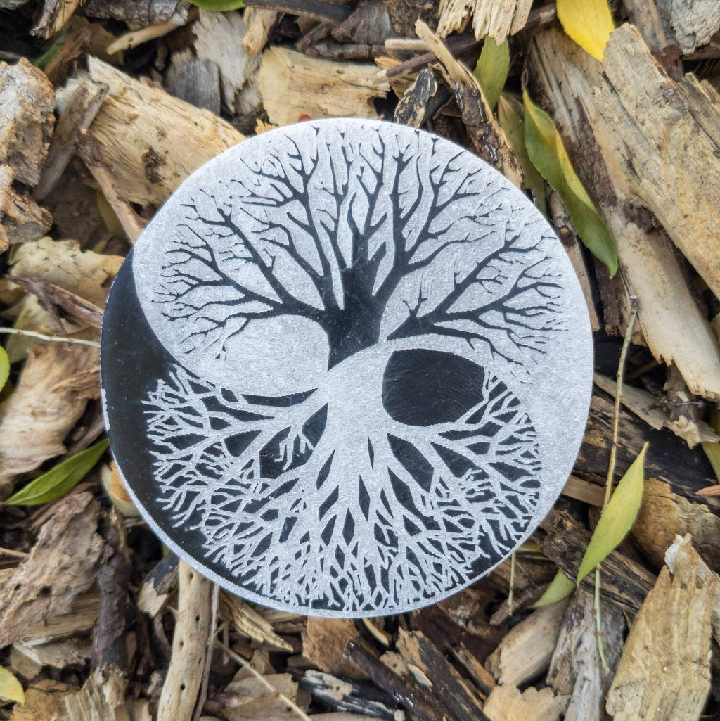 Engraved Selenite Charging Wand: Tree of Life Yin Yang, Moroccan Crystal