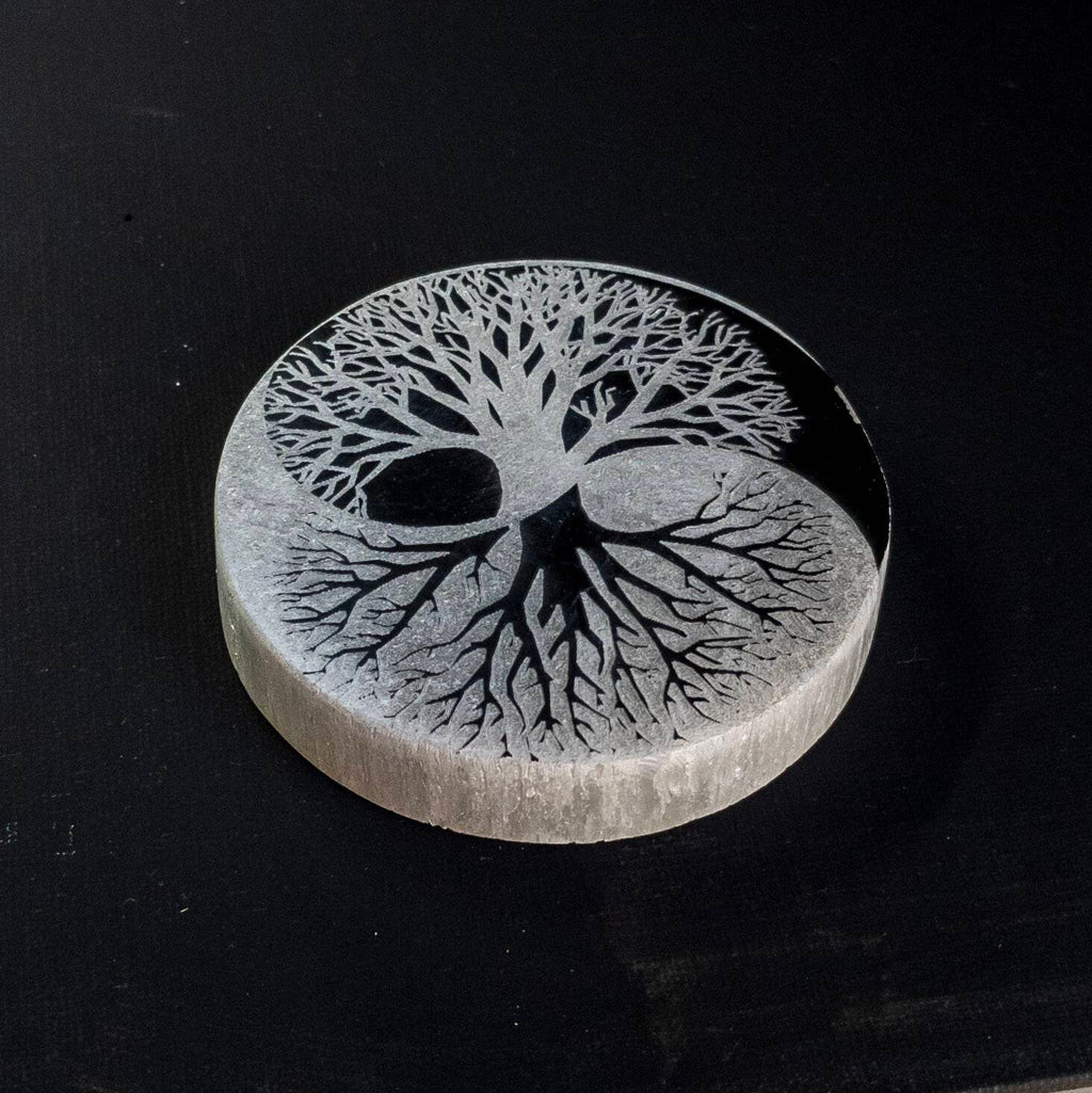 Engraved Selenite Charging Wand: Tree of Life Yin Yang, Moroccan Crystal