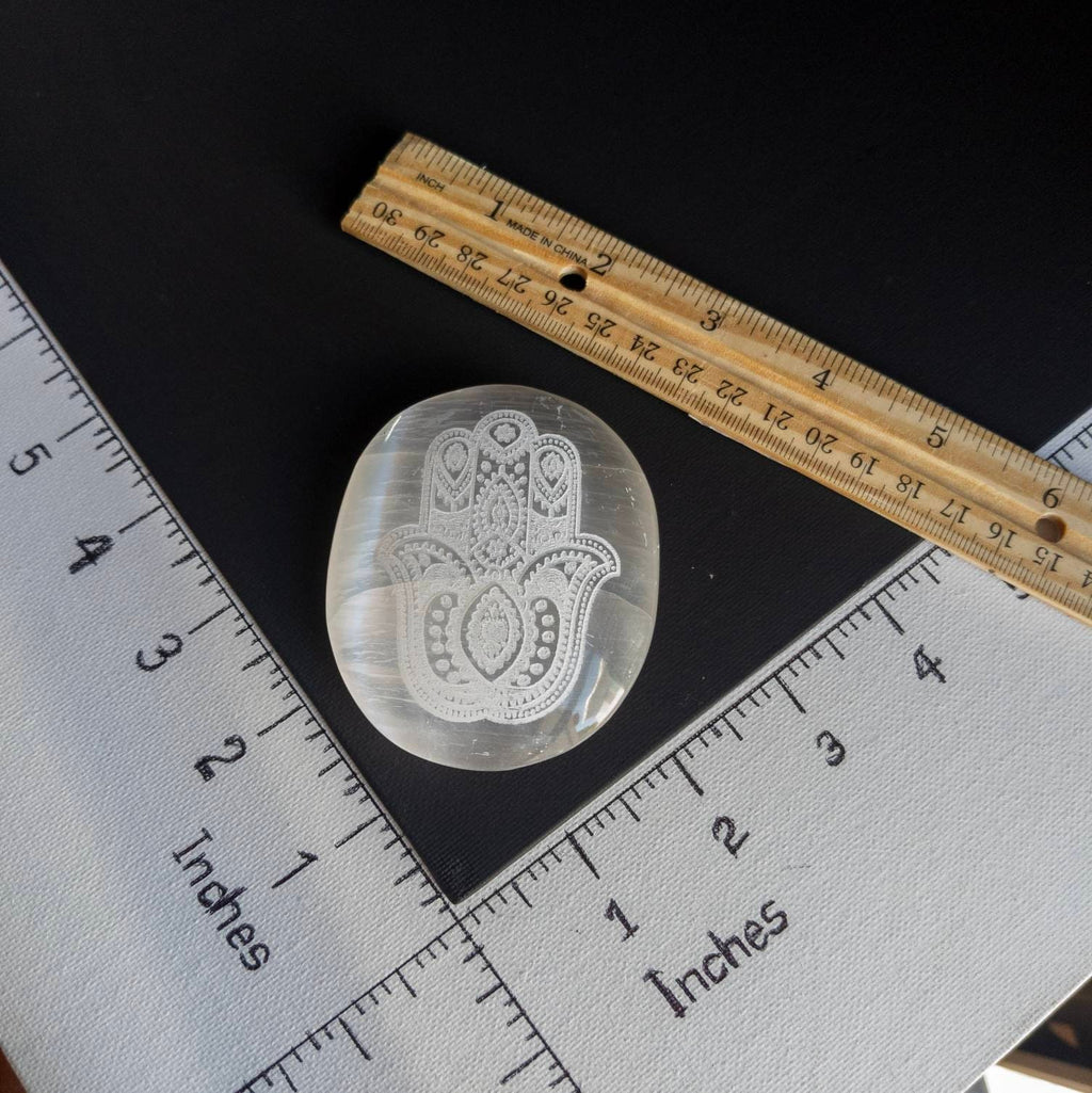 Selenite Hamsa Palm Stone 7 cm  with Engraved| Crystals Charging | Crystals Lover |