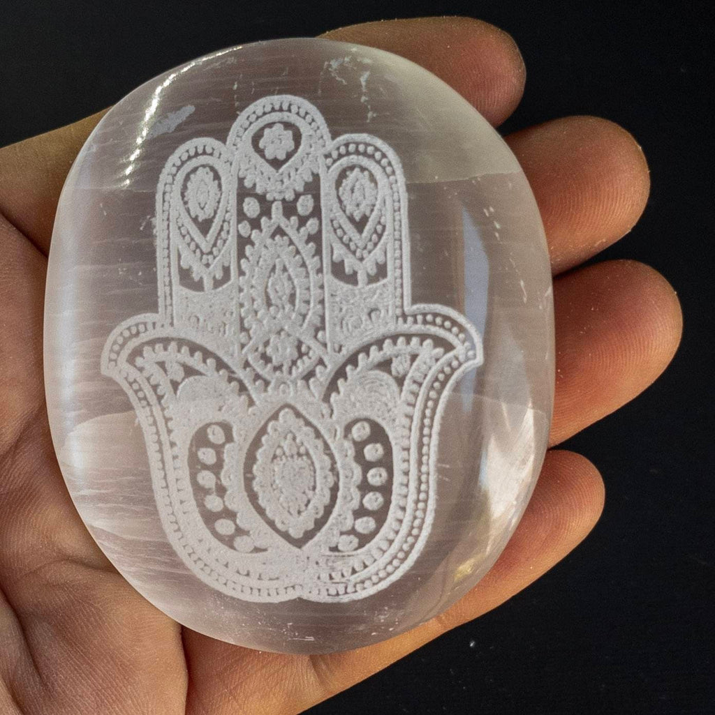 Selenite Hamsa Palm Stone 7 cm  with Engraved| Crystals Charging | Crystals Lover |