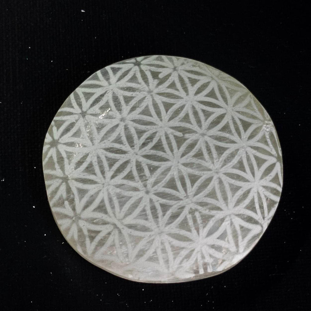 Engraved Selenite Palm Stone: Flower of Life Crystal Charging Wand