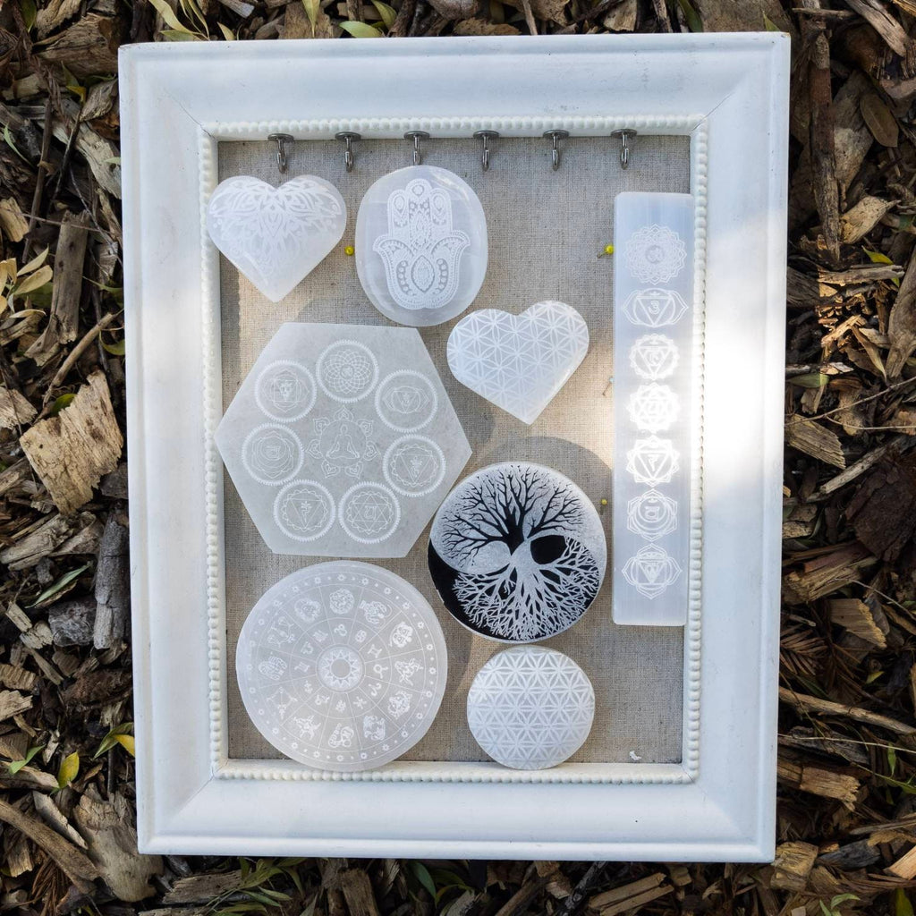 Engraved Selenite Palm Stone: Flower of Life Crystal Charging Wand
