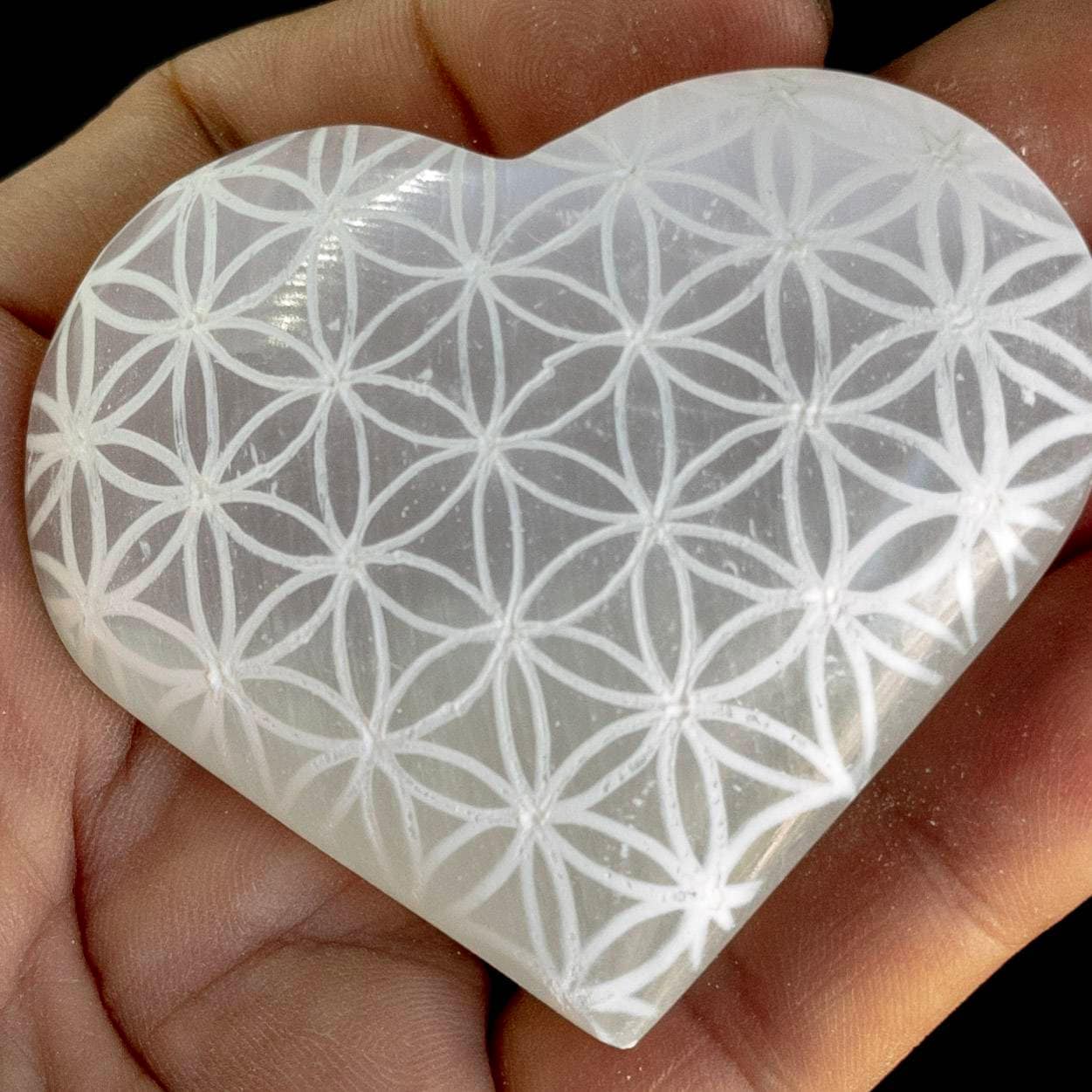 Engraved Selenite Heart Palm Stone: Moroccan Crystal (6cm)