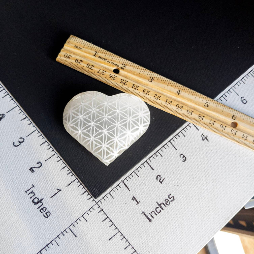 Engraved Selenite Heart Palm Stone: Moroccan Crystal (6cm)