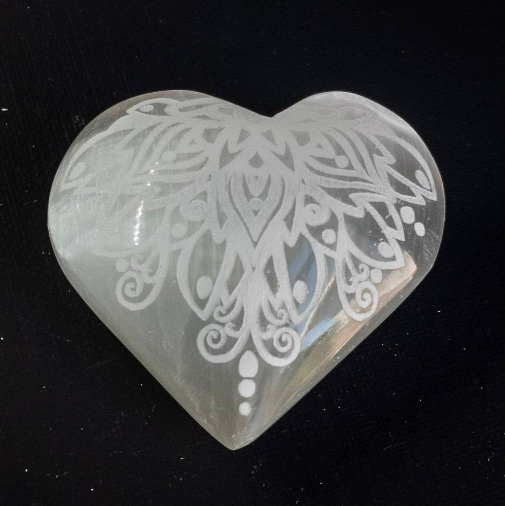 Engraved Selenite Heart Palm Stone: Crystal Healing Gift (6cm)