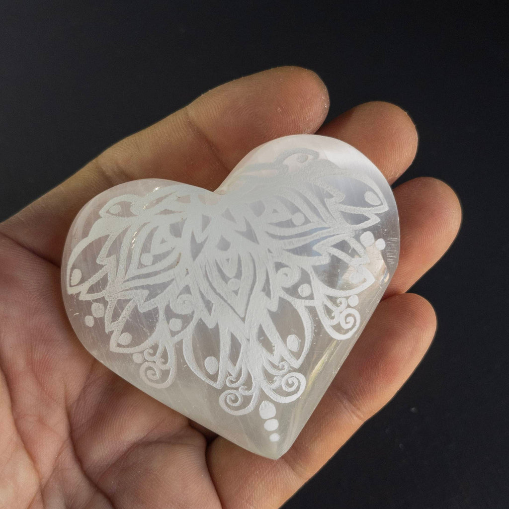 Engraved Selenite Heart Palm Stone: Crystal Healing Gift (6cm)