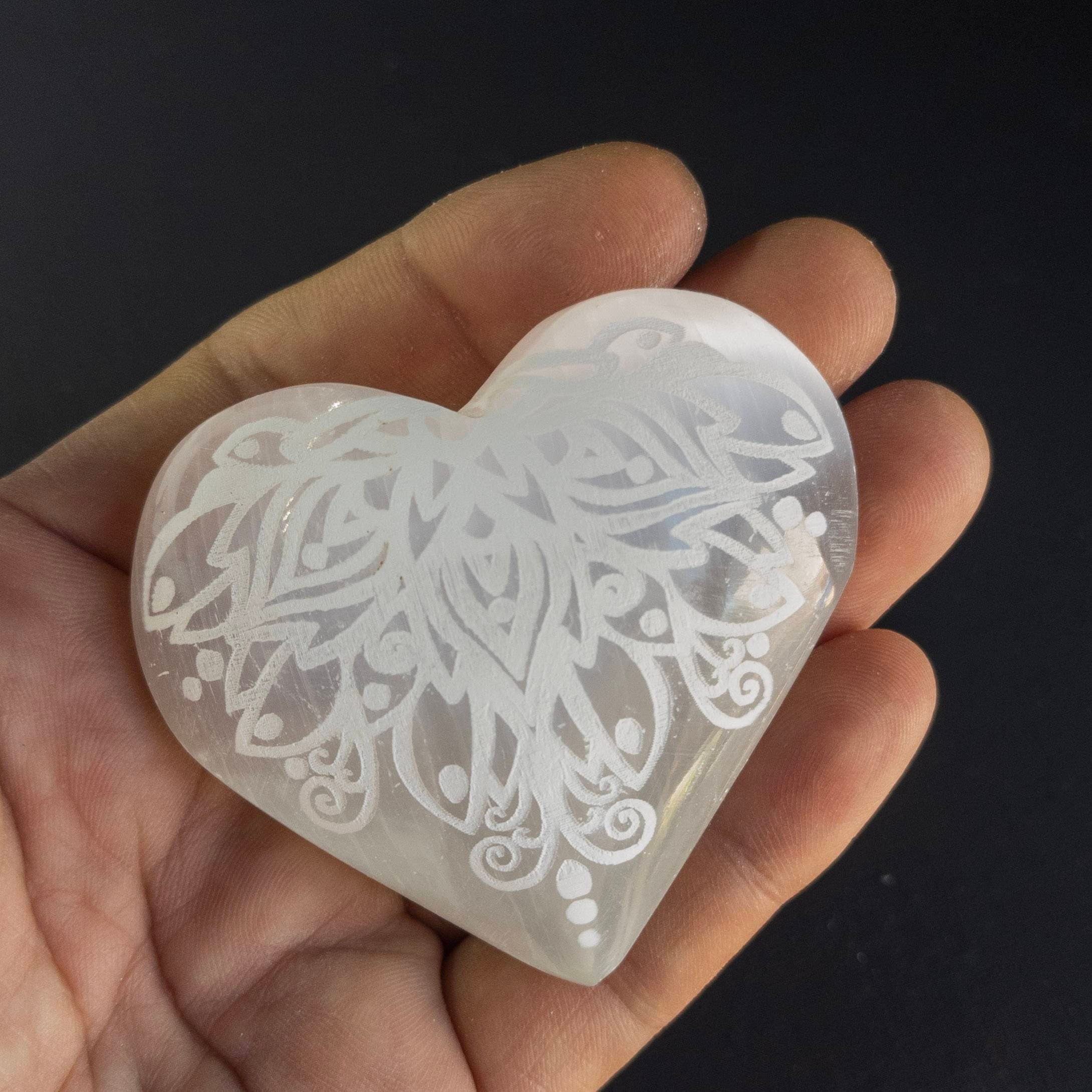 Engraved Selenite Heart Palm Stone: Crystal Healing Gift (6cm)