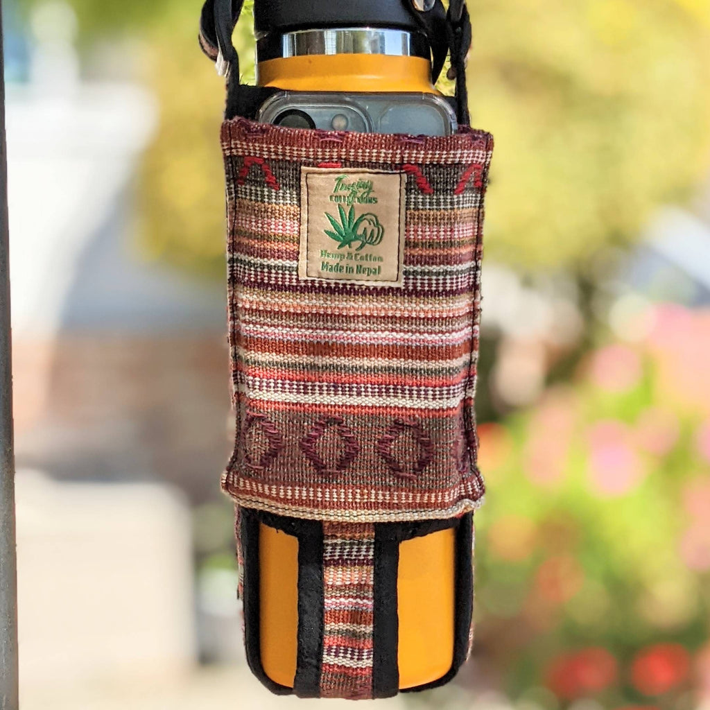 Hemp Water Bottle Holder with Phone Pocket: Fits 40oz Bottles