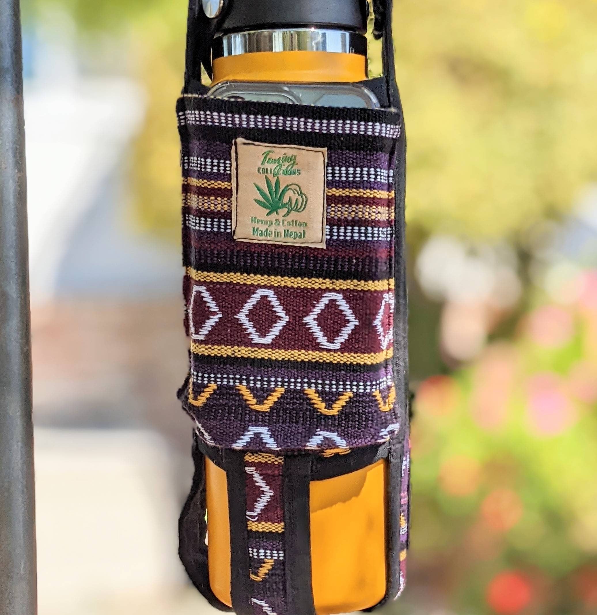 Hemp Water Bottle Holder with Phone Pocket: Fits 40oz Bottles