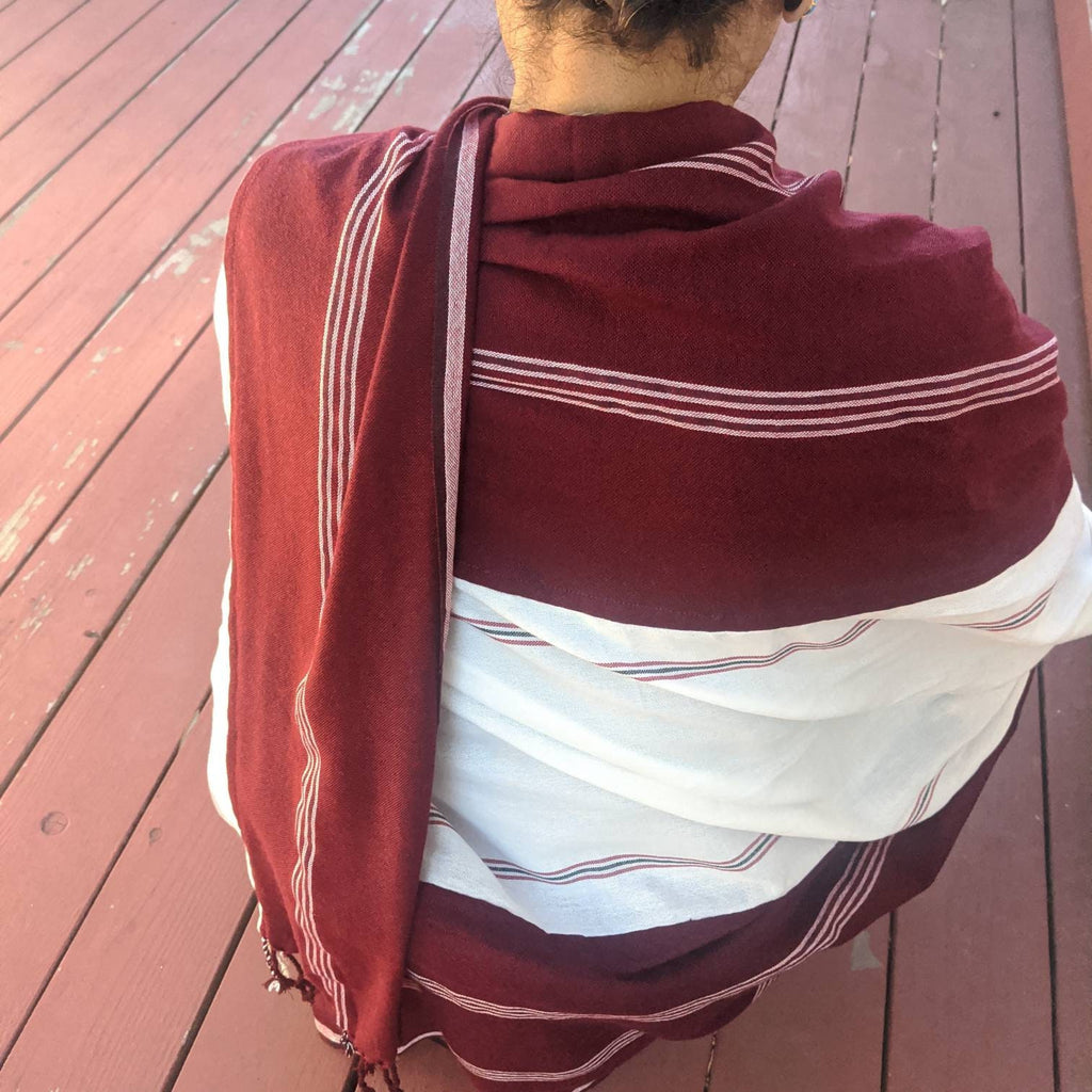 Tibetan Cotton Meditation Shawl: Burgundy & White Striped Zen Wrap