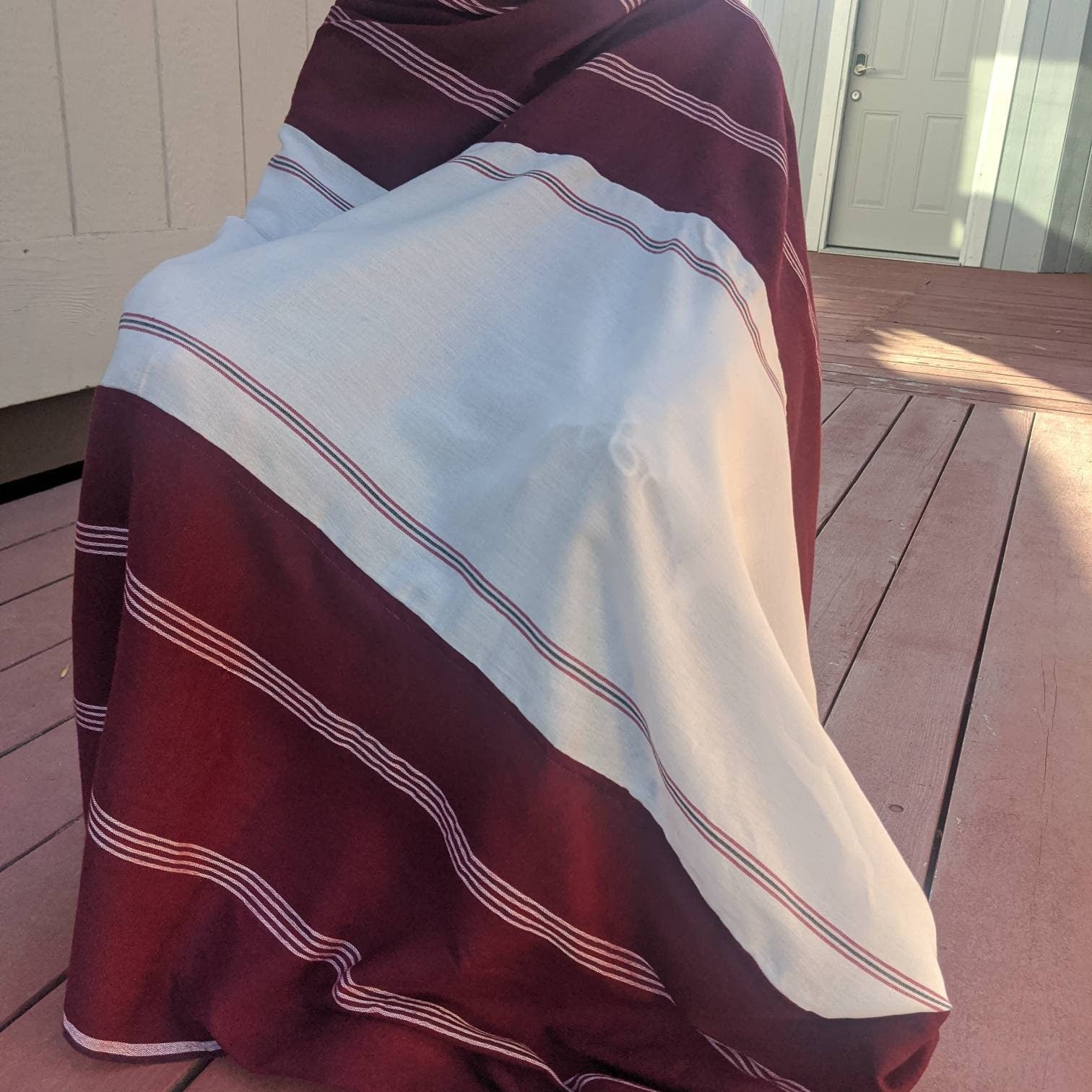 Tibetan Cotton Meditation Shawl: Burgundy & White Striped Zen Wrap