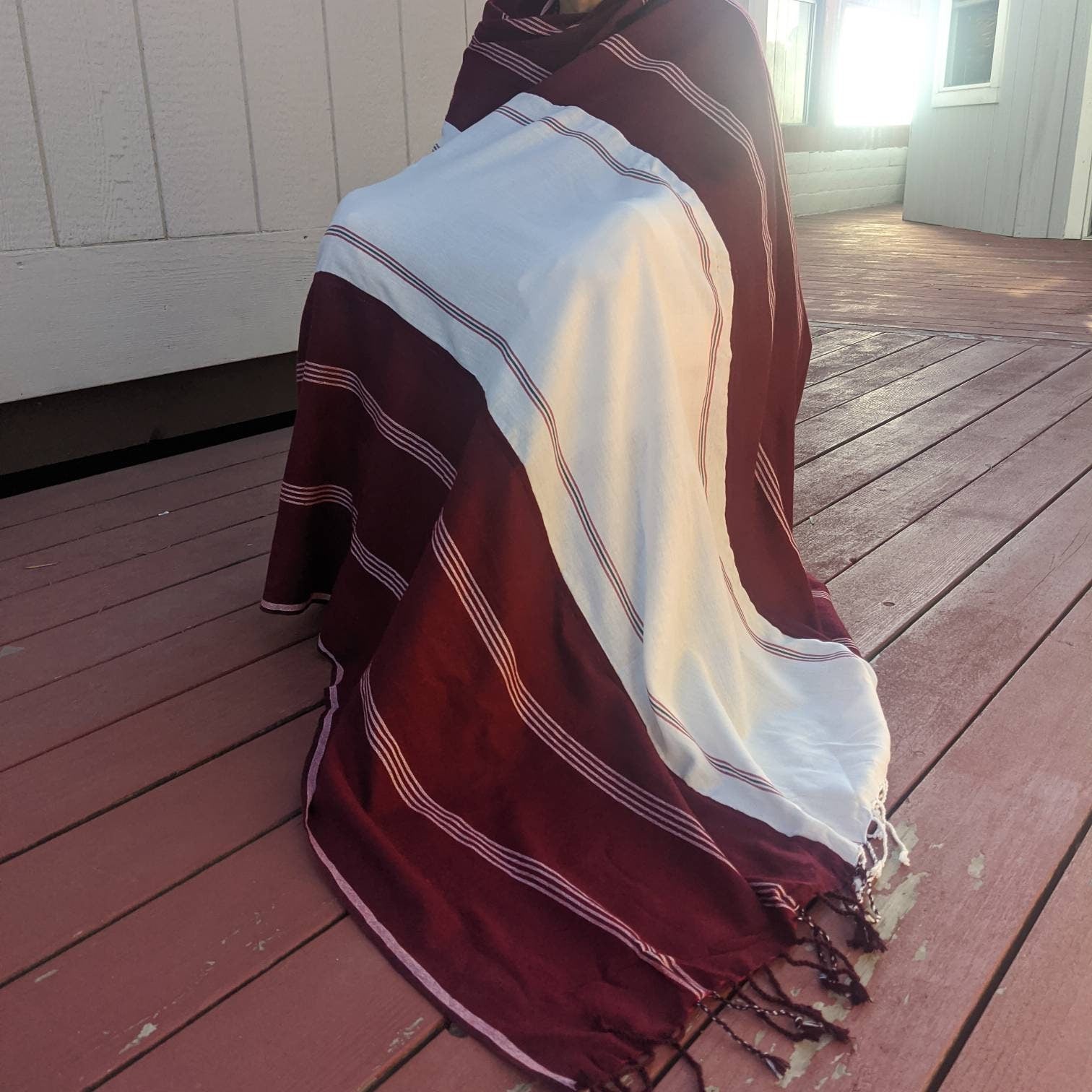 Tibetan Cotton Meditation Shawl: Burgundy & White Striped Zen Wrap