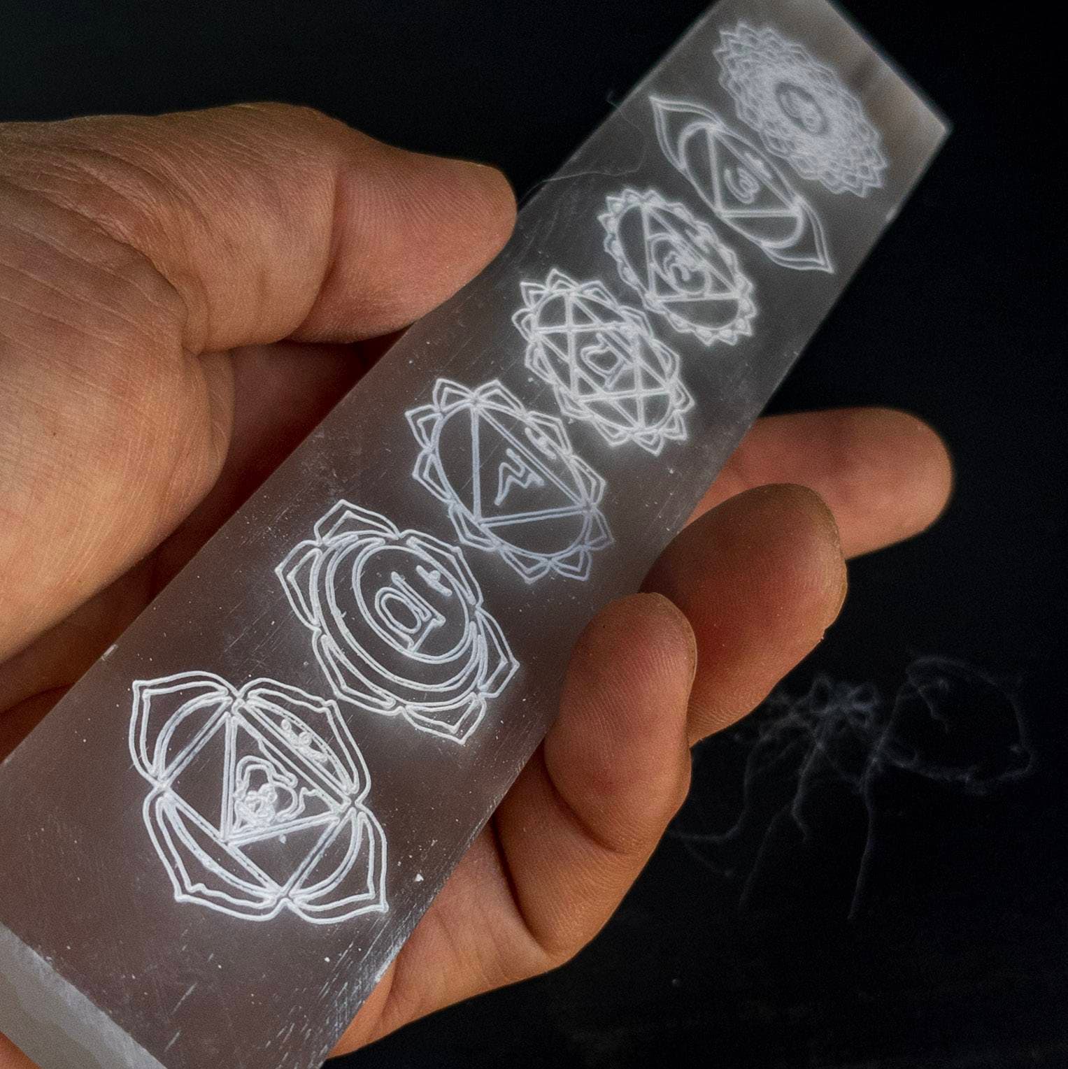 Engraved Chakra Selenite Wand: Moroccan Crystal Healing Ruler (20cm)