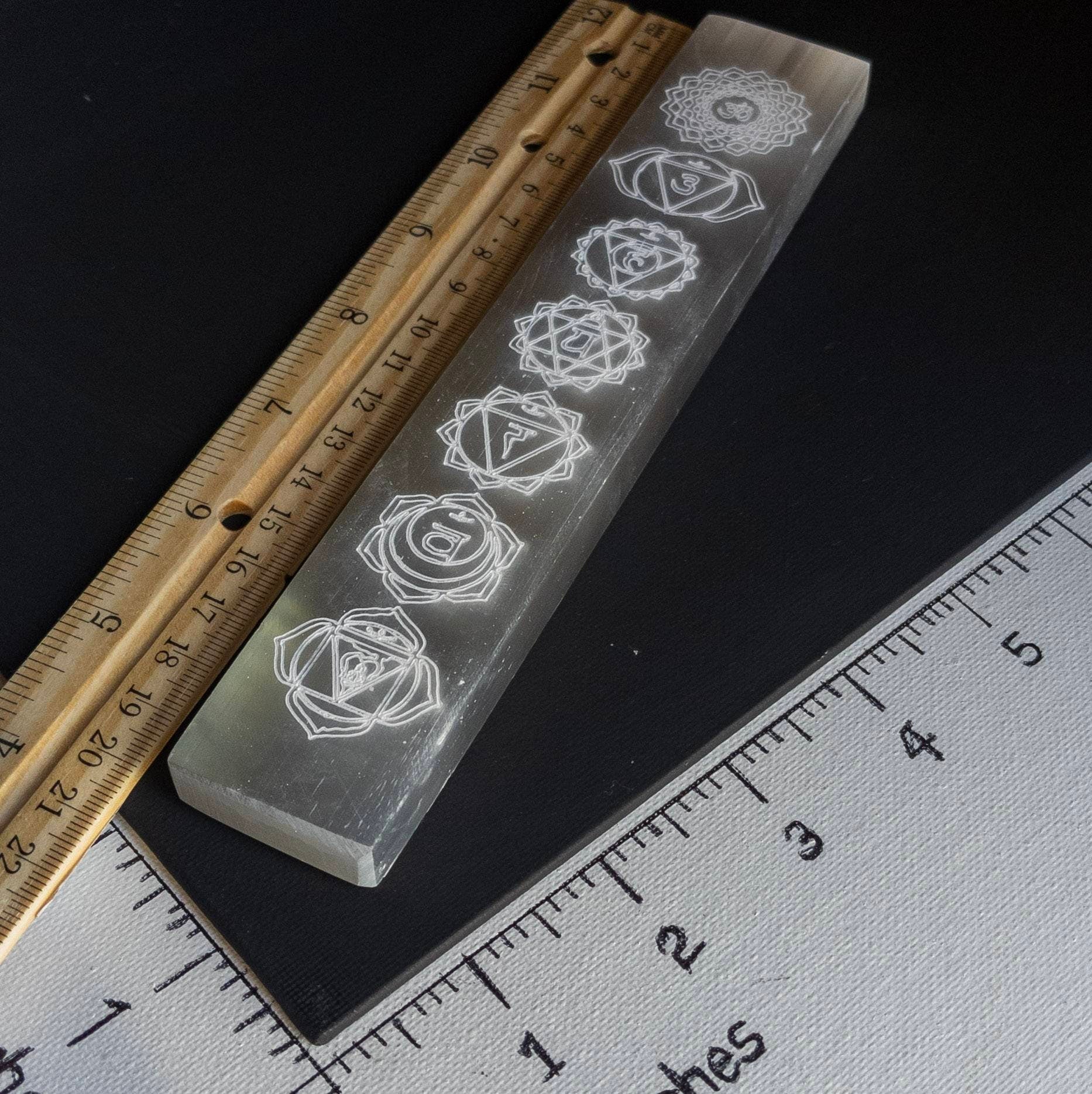 Engraved Chakra Selenite Wand: Moroccan Crystal Healing Ruler (20cm)