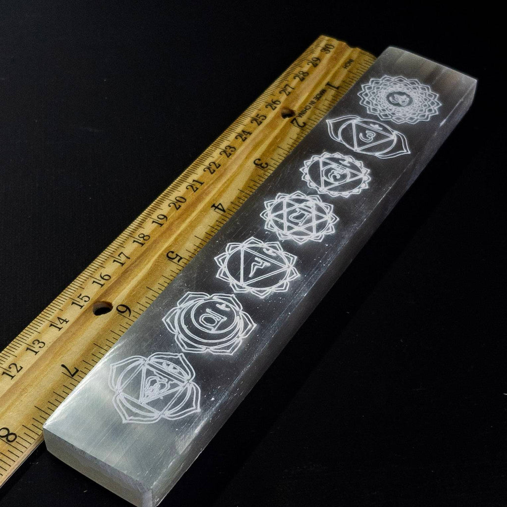 Engraved Chakra Selenite Wand: Moroccan Crystal Healing Ruler (20cm)