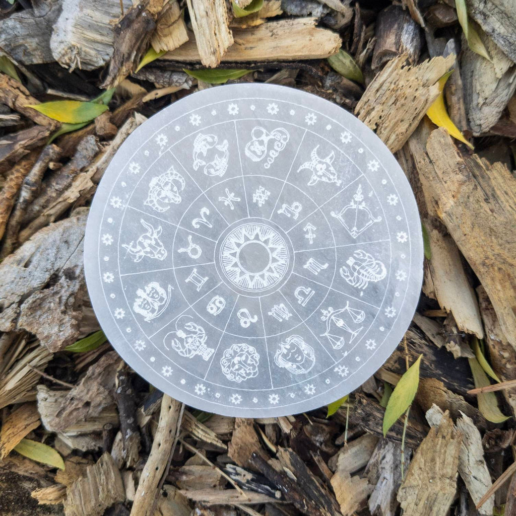 Zodiac Engraved Selenite Plate: Crystal Charging Wand, 10 cm