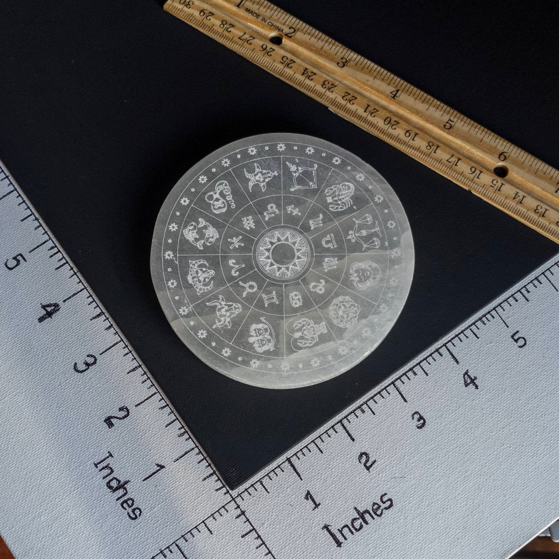 Zodiac Engraved Selenite Plate: Crystal Charging Wand, 10 cm
