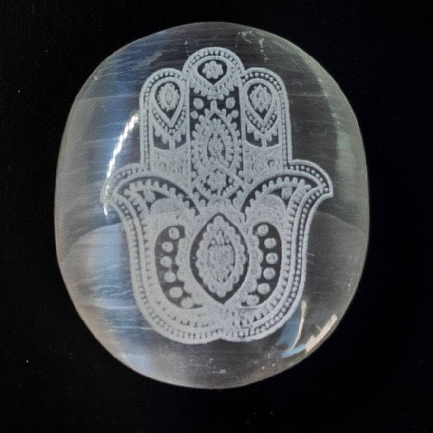 Selenite Hamsa Palm Stone 7 cm  with Engraved| Crystals Charging | Crystals Lover |