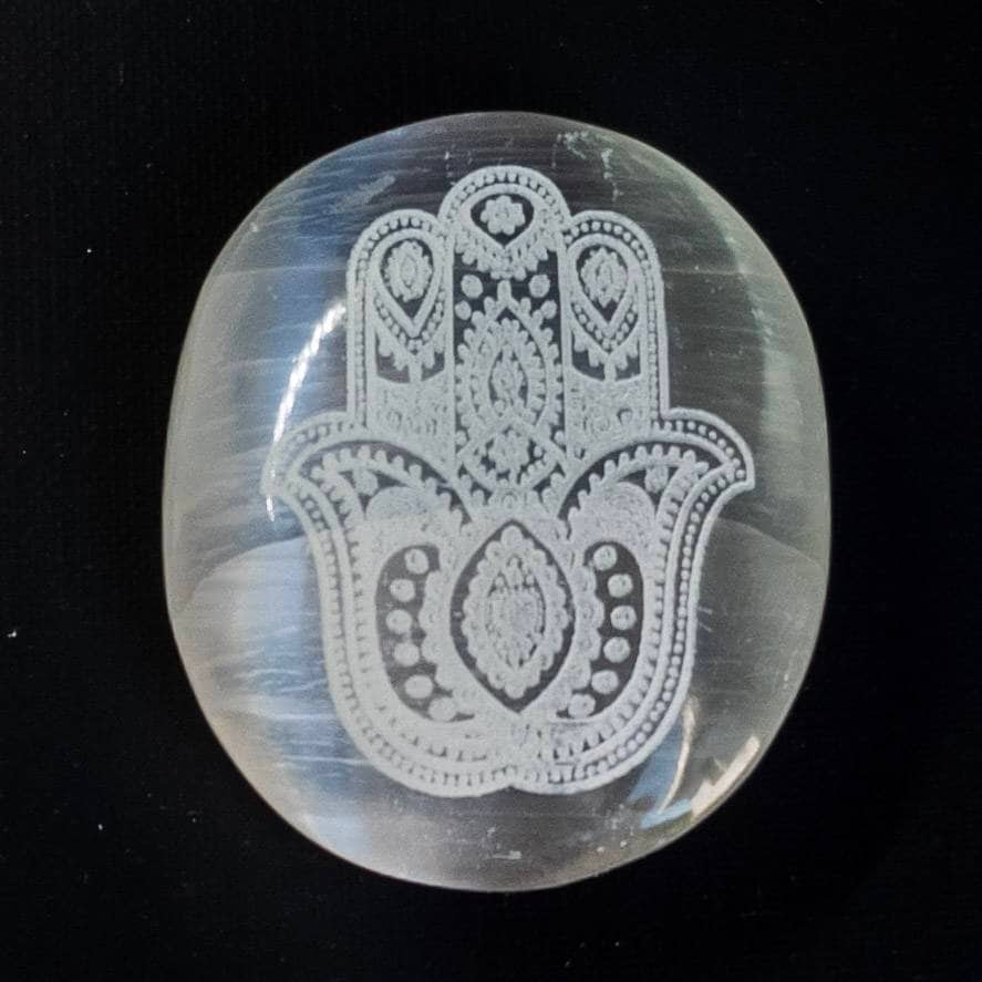 Selenite Hamsa Palm Stone 7 cm  with Engraved| Crystals Charging | Crystals Lover |